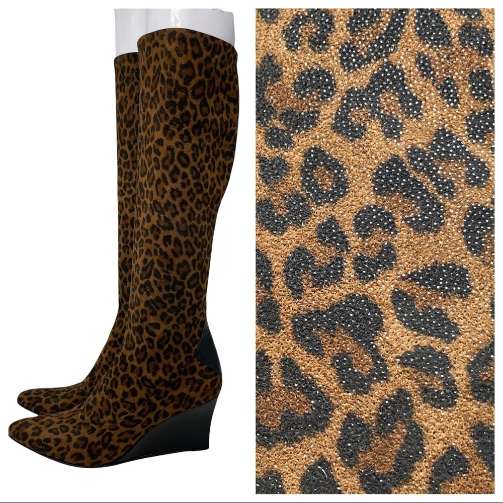 Stuart Weitzman Leopard Print Knee High Leather Wedge Boots Size 8 N Narrow‎